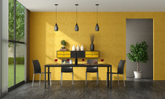 黑色的和黄色的餐厅房间与木表格皮革椅子和餐具柜墙呈现黑色的和黄色的极简主义餐厅房间