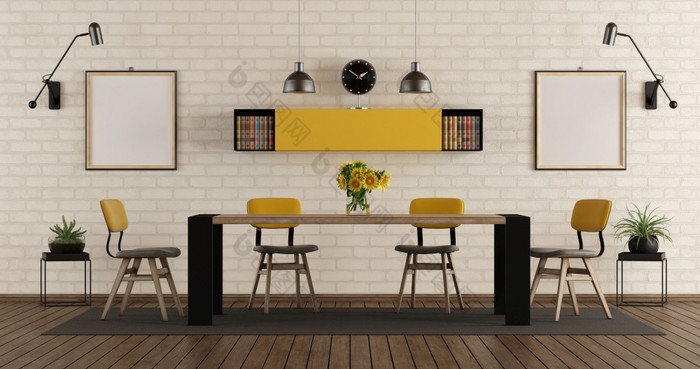 现代餐厅房间与黑色的和黄色的家具对砖墙呈现现代餐厅房间与黑色的和黄色的家具