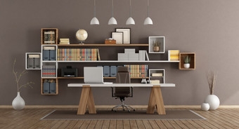 现代办公室与木书柜和桌子上呈现现代办公室与木家具