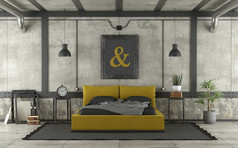 黑色的和黄色的双床上阁楼与混凝土墙和铁元素呈现现代黄色的和黑色的床上阁楼