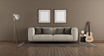 极简主义生活房间与棕色（的）墙现代沙发地板上灯和吉他硬木地板上呈现极简主义生活房间与棕色（的）墙和现代沙发