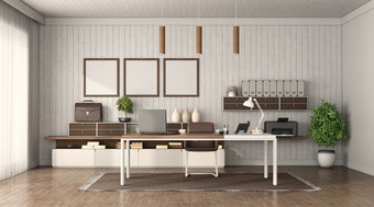 现代办公室室内与桌子上餐具柜和木墙<strong>背景</strong>呈现极简主义办公室与现代家具