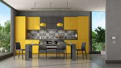 黑色的和黄色的现代厨房与餐厅表格和椅子呈现黑色的和黄色的现代厨房