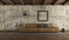 现代皮革沙发房间与老墙硬木地板上和木天花板呈现现代皮革沙发房间与老墙