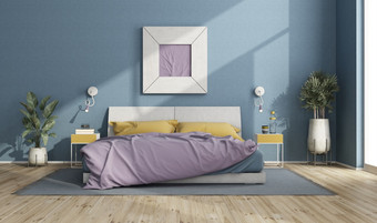 色彩斑斓的双床上现代房间与蓝色的墙图片框架和房子植物呈现色彩斑斓的双床上现代房间与蓝色的墙