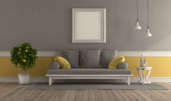 灰色的和黄色的复古的生活房间与沙发和空白图片框架呈现灰色的和黄色的复古的生活房间