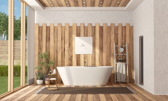 现代浴室别墅与浴缸呈现现代木浴室与浴缸