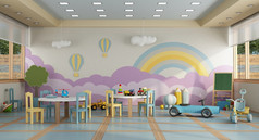 色彩斑斓的幼儿园类没有蔡尔兹学校桌子上椅子玩具和装饰背景墙- - - - - -呈现幼儿园类没有蔡尔兹呈现