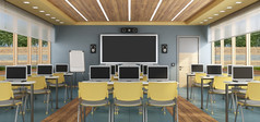 多媒体教室与笔记本电脑平屏幕和演讲者呈现现代多媒体教室