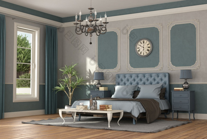 优雅的蓝色的和灰色的主卧室经典风格呈现优雅的蓝色的和灰色的主卧室