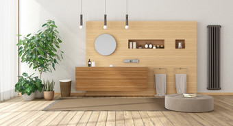 极简主义浴室与木家具脚凳和散热器呈现极简主义浴室与木家具