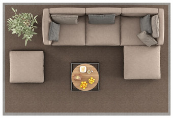 前视图现代沙发和咖啡表格地毯孤立的白色背景呈现前视图现代沙发地毯