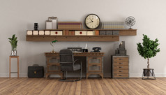 首页办公室与老桌子上和木货架上白色墙呈现首页办公室复古的风格与老桌子上