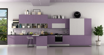 现代紫色的和白色现代厨房与岛和酒吧高脚凳呈现现代紫色的和白色现代厨房