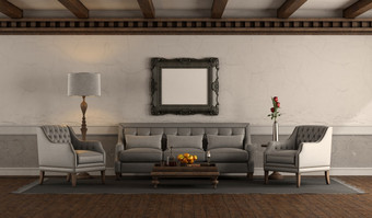 优雅的生活房间复古的风格与经典扶手椅和沙发对老墙呈现优雅的生活房间复古的风格