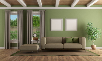 绿色生活房间与<strong>现代沙发</strong>脚凳和两个窗户呈现绿色生活房间与<strong>现代沙发</strong>和脚凳