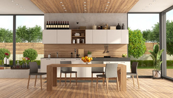 白色和木现代厨房与餐厅表格和花园背景呈现白色和木现代厨房