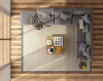 前视图现代生活房间与大沙发和咖啡表格地毯呈现前视图现代生活房间与大沙发