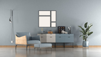 现代生活房间与蓝色的墙扶手椅和餐具柜呈现现代生活房间与扶手椅和餐具柜