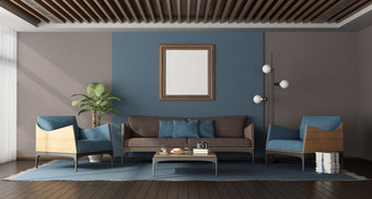 蓝色的和棕色（的）现代生活房间与优雅的沙发扶手椅和木天花板呈现蓝色的和棕色（的）现代生活房间
