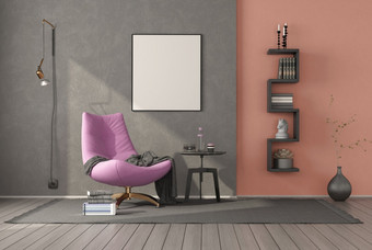 放松房间与粉红色的扶手椅咖啡表格和小书柜呈现放松房间与粉红色的扶手椅和小书柜