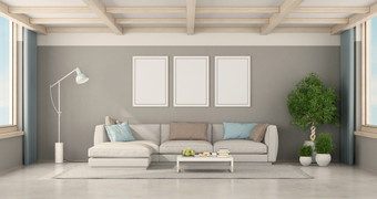 海报模型极简主义生活房间与现代沙发和木屋顶梁呈现海报模型极简主义生活房间
