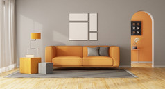 现代灰色的和橙色生活房间与现代沙发和拱门呈现现代灰色的和橙色生活房间