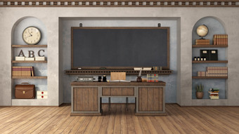 空复古的教室与黑板上和老师rsquo桌子上与两个利基市场与学校对象呈现空复古的教室与黑板上和老师rsquo桌子上