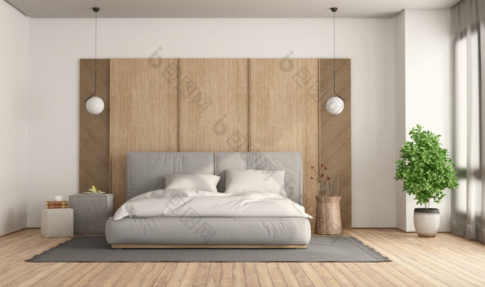 极简主义卧室与灰色的双床上对木面板呈现极简主义卧室与床上对木面板