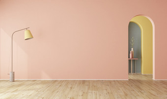 空房间与柔和的颜色墙与拱门和地板上灯木条镶花之地板地板上呈现空房间与柔和的颜色墙和拱门