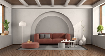 现代沙发生活房间与老墙和拱门的背景呈现现代沙发生活房间与老墙和拱门