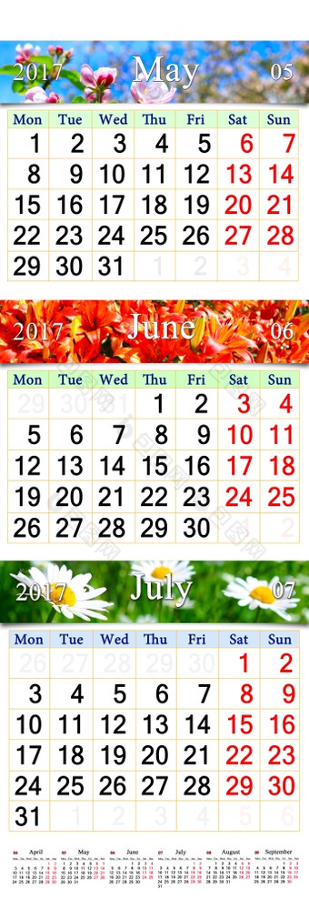 日历为五月6月7月与图片办公室日历为三个个月五月6月和7月与图片自然