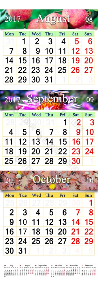 日历为8月10月与彩色的图片办公室日历为三个个月6月7月和8月与图片苹果蜜蜂和秋天的叶子日历为质量印刷和使用墙日历办公室生活