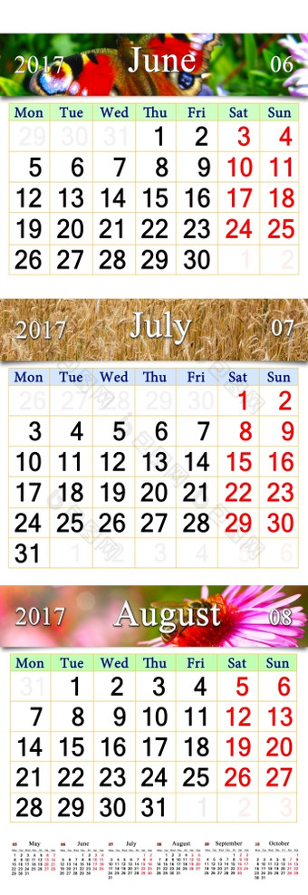 日历为6月7月和8月与彩色的图片办公室日历为三个夏天个月6月7月和8月与不同的图片日历为质量印刷和使用墙日历办公室生活
