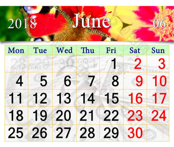 日历为6月与蝴蝶孔雀眼睛美丽的日历为6月与图像蝴蝶孔雀眼睛