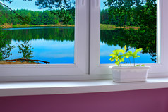 窗口舒适的房间窗口舒适的房间俯瞰的森林湖