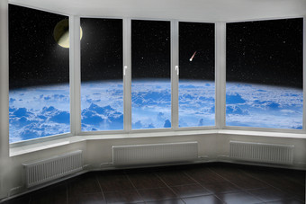 房间窗口与视图空间以上地球rsquo<strong>大气</strong>月亮彗星和布满星星的宇宙舒适的房间与宇宙全景从窗口<strong>蓝</strong>色的天空在地球见过从窗口房间窗口与视图空间以上地球rsquo<strong>大气</strong>月亮彗星和布满星星的宇宙