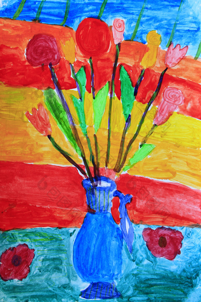 彩色的孩子们rsquo画与花束红色的花花瓶艺术作品与水彩画红色的爆破花瓶幼稚的艺术仍然生活画孩子红色的花孩子们rsquo画与花束红色的花花瓶艺术作品与画