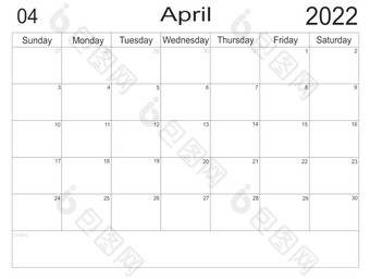 日历4月时间表与空白请注意为列表纸背景规划师4月空细胞规划师每月组织者日历周日开始信格式规划师4月空细胞规划师每月组织者日历