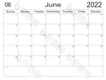 日历6月时间表与空白请注意为列表纸背景规划师6月空细胞规划师每月组织者日历周日开始信格式规划师6月空细胞规划师每月组织者日历