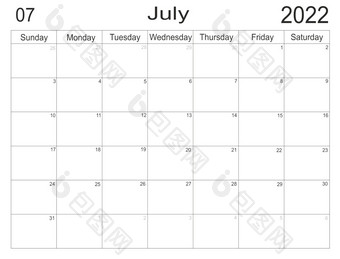 日历7月时间表与空白请注意为列表纸背景规划师7月空细胞规划师每月组织者日历周日开始信格式规划师7月空细胞规划师每月组织者日历