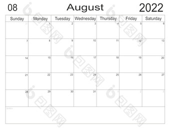 日历8月时间表与空白请注意为列表纸背景规划师8月空细胞规划师每月组织者日历周日开始规划师8月空细胞规划师每月组织者日历