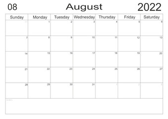 日历8月时间表与空白请注意为列表纸背景规划师8月空细胞规划师每月组织者日历周日开始规划师8月空细胞规划师每月组织者日历