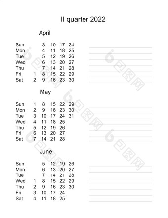 日历为第二个季度三个个月季度季度日历英语每月规划师季度规划师业务组织者日历4月五月6月三个个月季度季度日历英语业务组织者