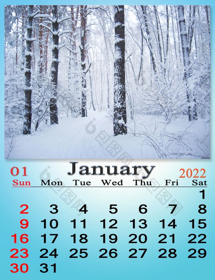 1月日历为组织者计划和提醒自然背景日历为1月与图像树覆盖雪和雪地里每月日历1月日历为组织者计划和提醒自然背景