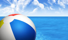 夏天假期而且假期概念与色彩斑斓的海滩球而且背景与蓝色的天空云而且海阳光明媚的一天呈现