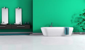 首页室内视图当代浴室与现代设计而且家具而且空空间墙为你的复制彩色的绿色黑色的而且白色地板上呈现