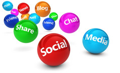 网络而且互联网概念与社会媒体而且社会网络迹象而且单词跳跃色彩斑斓的球体孤立的白色背景
