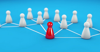 社会网络数字在<strong>线团</strong>队合作领导和网络社区概念与红色的领袖影响者市场营销兵和集团白色棋子连接行蓝色的背景插图