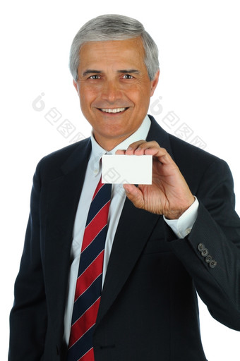 肖像微笑中间岁的业务男人。持有空白业务卡前面他的身体垂直格式孤立的白色